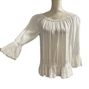 Moda Seta Italy Top Womens M White Linen Blend Off Shoulder Crochet Lace Cottage
